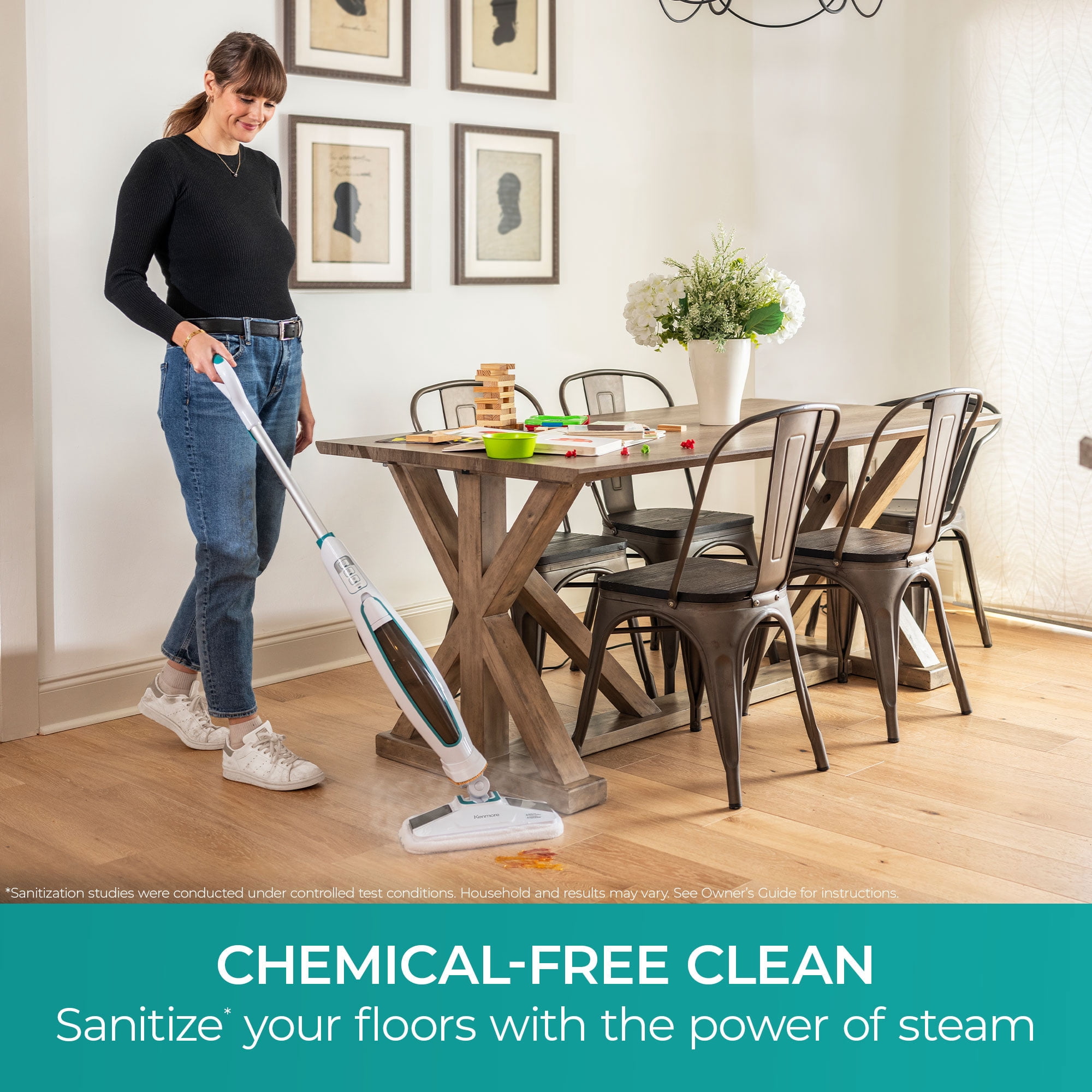 Kenmore S200 Series Steam Mop, Corded, for Hardwoods & Tile, Chemical Free Cleaning, Built-In Scrub Brush, 15 Second Heat Up, SM2060, White with Teal