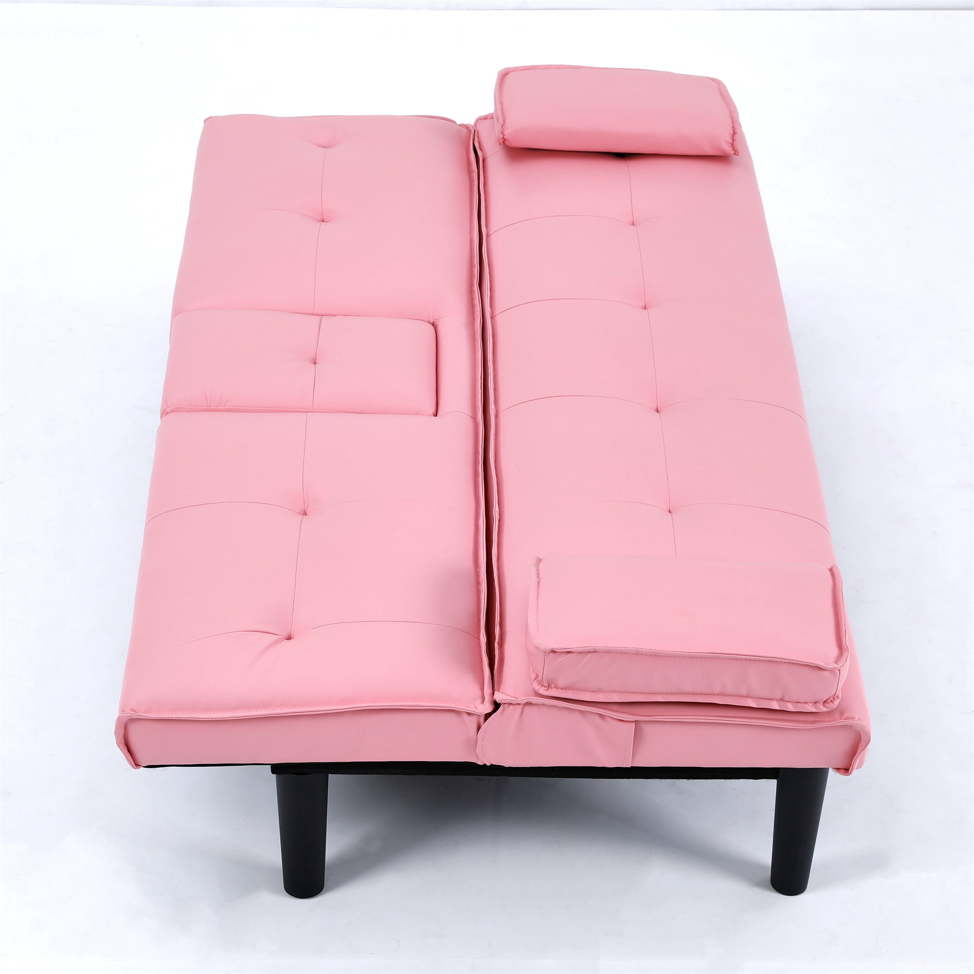 Aukfa Leather Futon Convertible Sofa Bed with 2 Cup Holders&Pillows, Twin Size, Pink