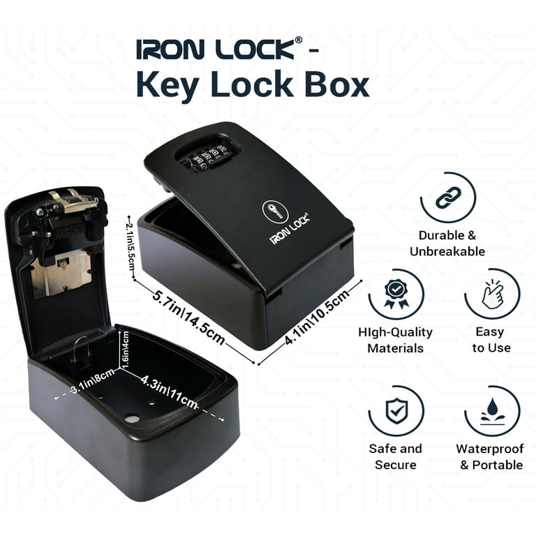 Iron Lock - XXL Key Lock Box for Keys, 4-Digit Combination, Extra Large Wall Mounted Lockbox, Indoor/Outdoor Waterproof, A/B Switch with Resettable