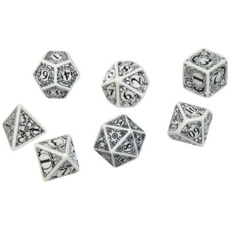 Q-Workshop Polyhedral 7-Die Set: Carved Steampunk Dice Set (White and Black) Multi-Colored