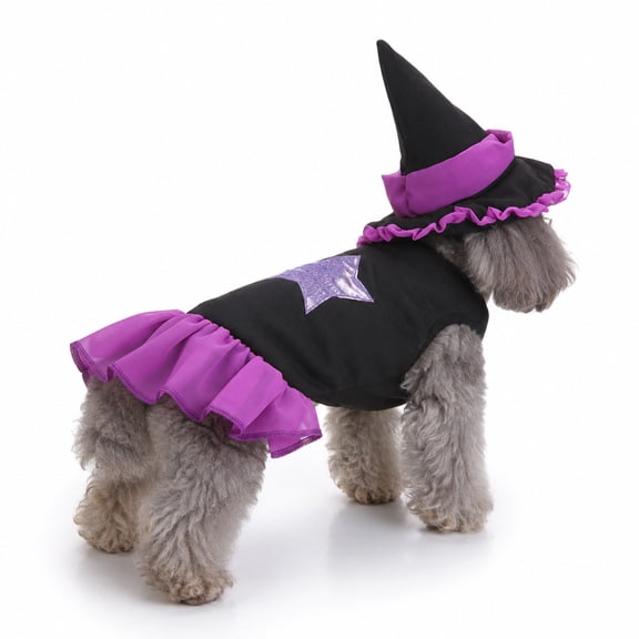 AuroraX Halloween Cat Witch Outfit Dog Costumes Halloween Small Set of 2 Purple Pointed Hat Dress Halloween Pet Costume Purple