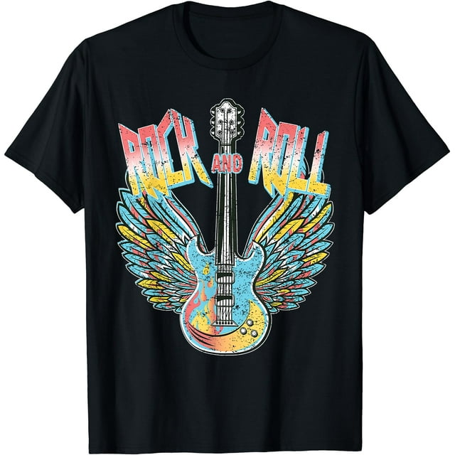T-Shirt Vintage Rétro Années 80 Rock & Roll Musique Ailes de Guitare Électrique - comme sur l'Image - S