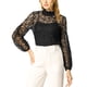 thumbnail image 5 of Blusa transparente de encaje floral de cuello alto con mangas abullonadas para mujer Allegra K 2XL negra, 5 of 7