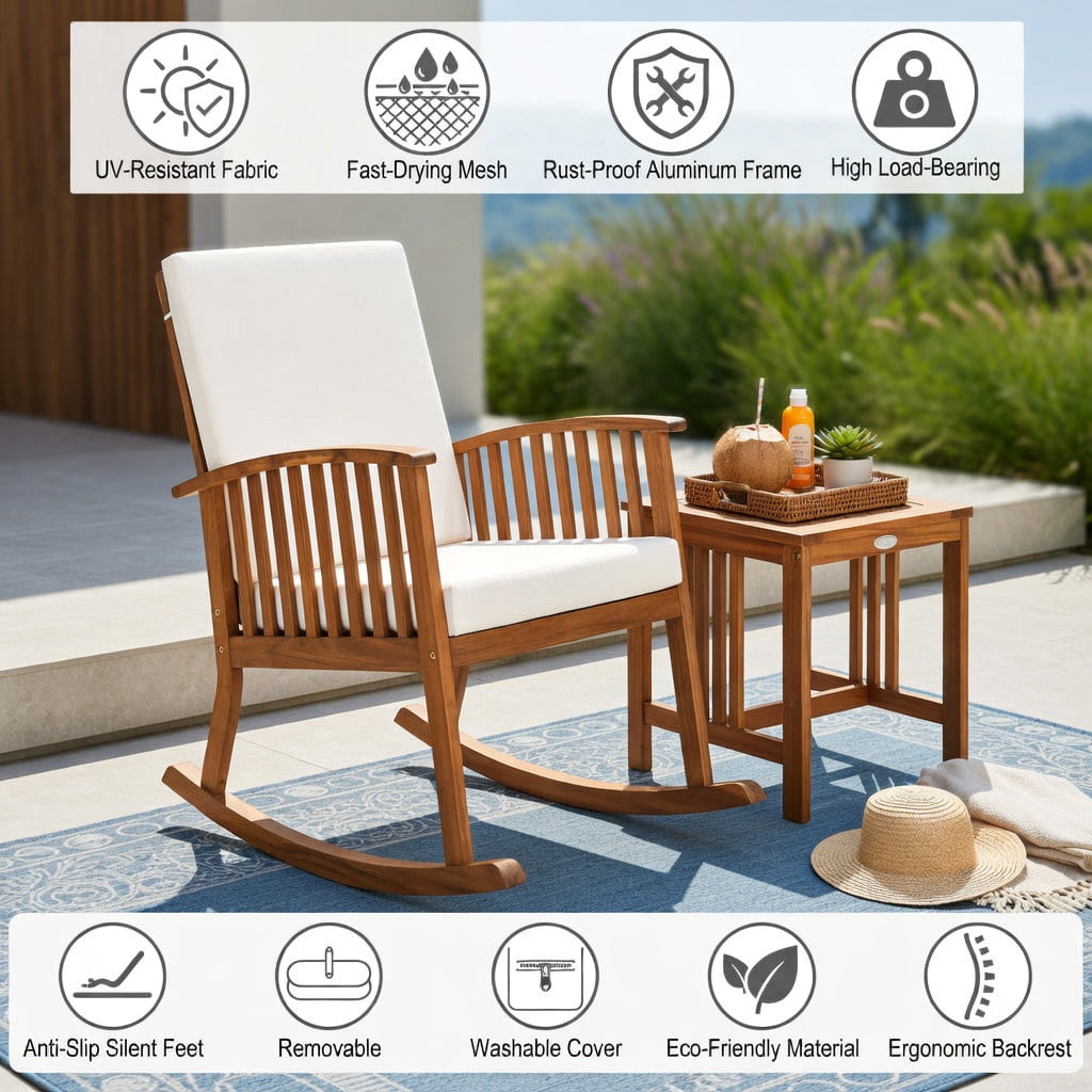 Hommoo 2-Piece Acacia Wood Rocking Chair & Side Table Set with Removable Cushions, Teak Outdoor Patio Furniture for Deck, Backyard, Balcony, and Indoor Living Room, Natural