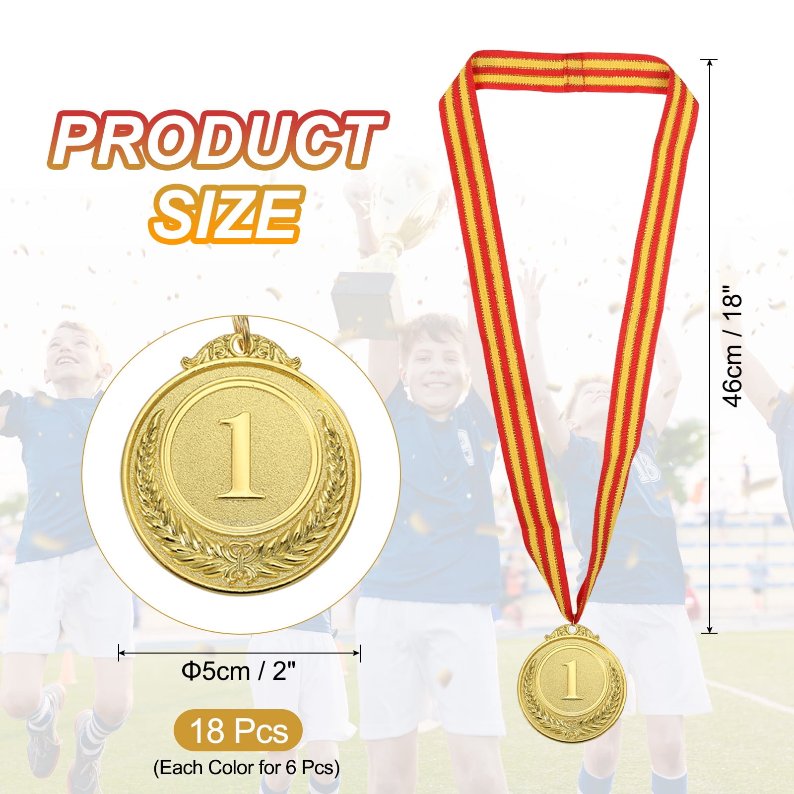 Uxcell 2 Inch Gold Silver Bronze Prizes Award Medals Metal Winner Medals with Neck Ribbon for Sports Competitions 18 Pieces