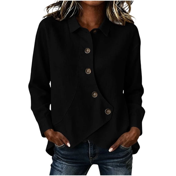 QIYAGBSA Button Down Shirts for Women Asymmetrical Button Placket Long Sleeve Collared Cotton Linen Relaxed Fit Casual Tops (Black, L)