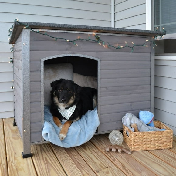 Aivituvin Wooden Dog House Anti-chewing Kennels for Outdoor & Indoor, Grey, Large