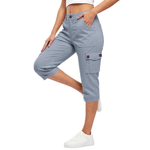 Women's Capri Pants Travel Hiking Straight Leg Joggers Casual Summer Drawstring Cropped Pants with Pockets Gray L