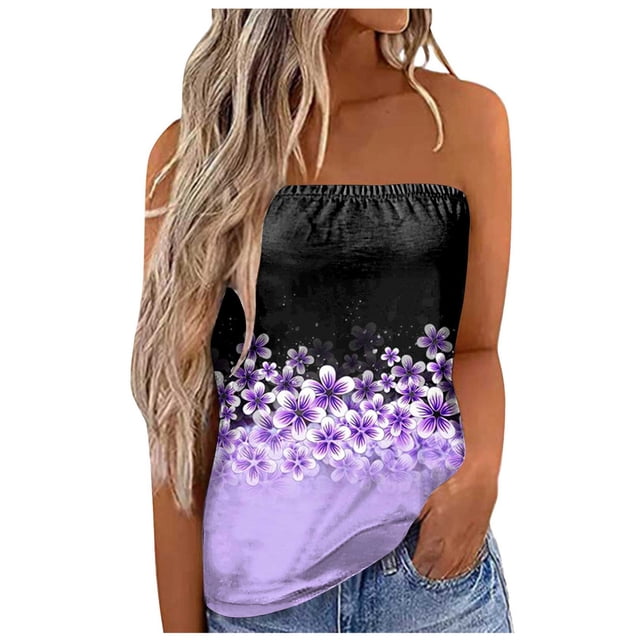 MIASHUI Blouse Tube Imprimée pour Femmes Vacances d'Été Débardeur Bandeau Sans Bretelles, Violet, P