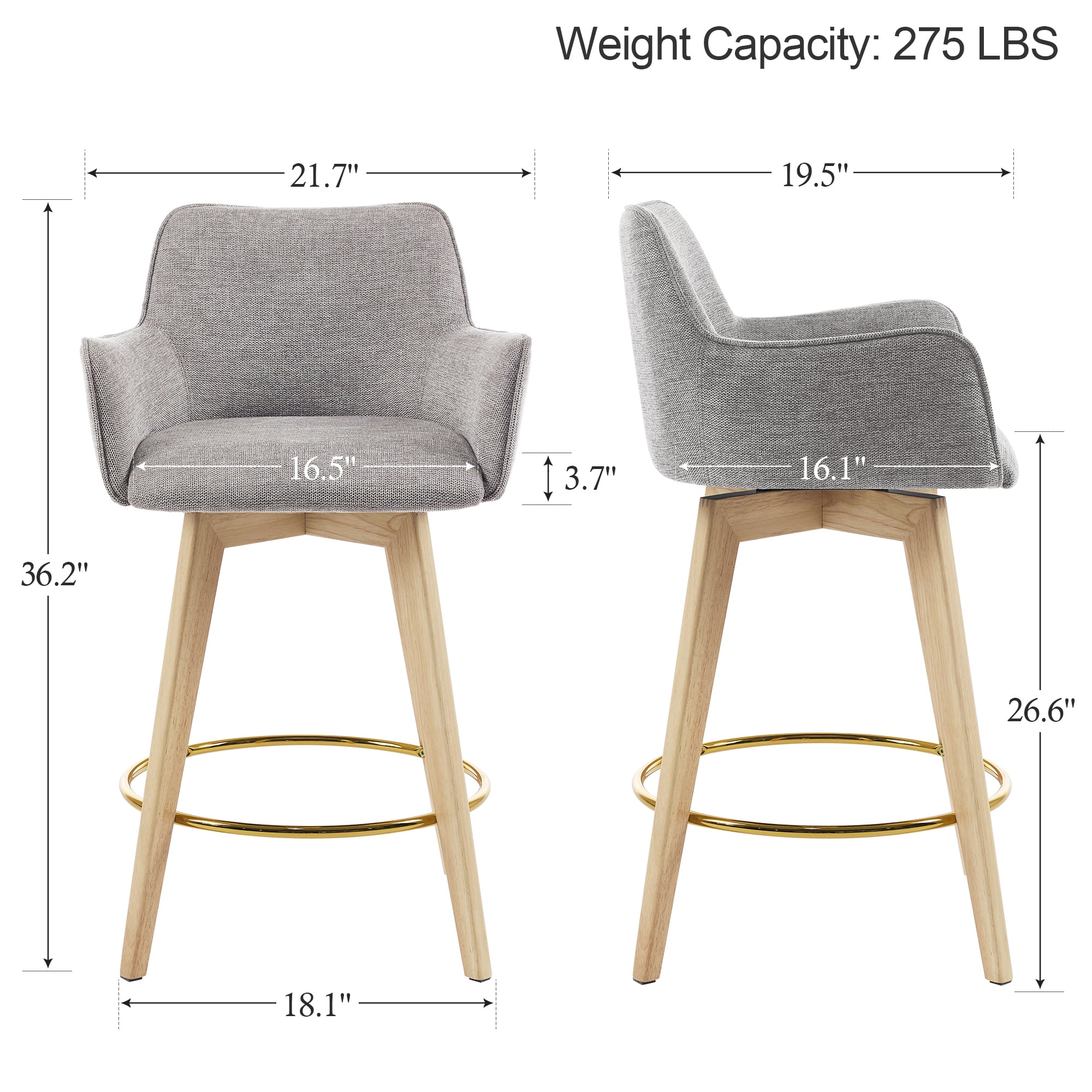 Zesthouse 26.6" Modern Bar Stools Counter Height, Swivel Single Bar Stool for Kitchen Island, Upholstered Linen Barstools with Barrel Back, Arms and Solid Wood Legs, Gray