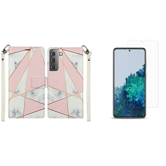Bemz Pocket Wallet Case for Samsung Galaxy S21 with (2 Pack) Tempered Glass Screen Protectors and Touch Tool - Pink Marble