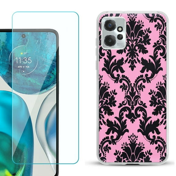 OneToughShield ® for Motorola Moto G Power 5G 2023 Shockproof Fashion Phone Case, with Tempered Glass Screen Protector - Victorian Pink/Black