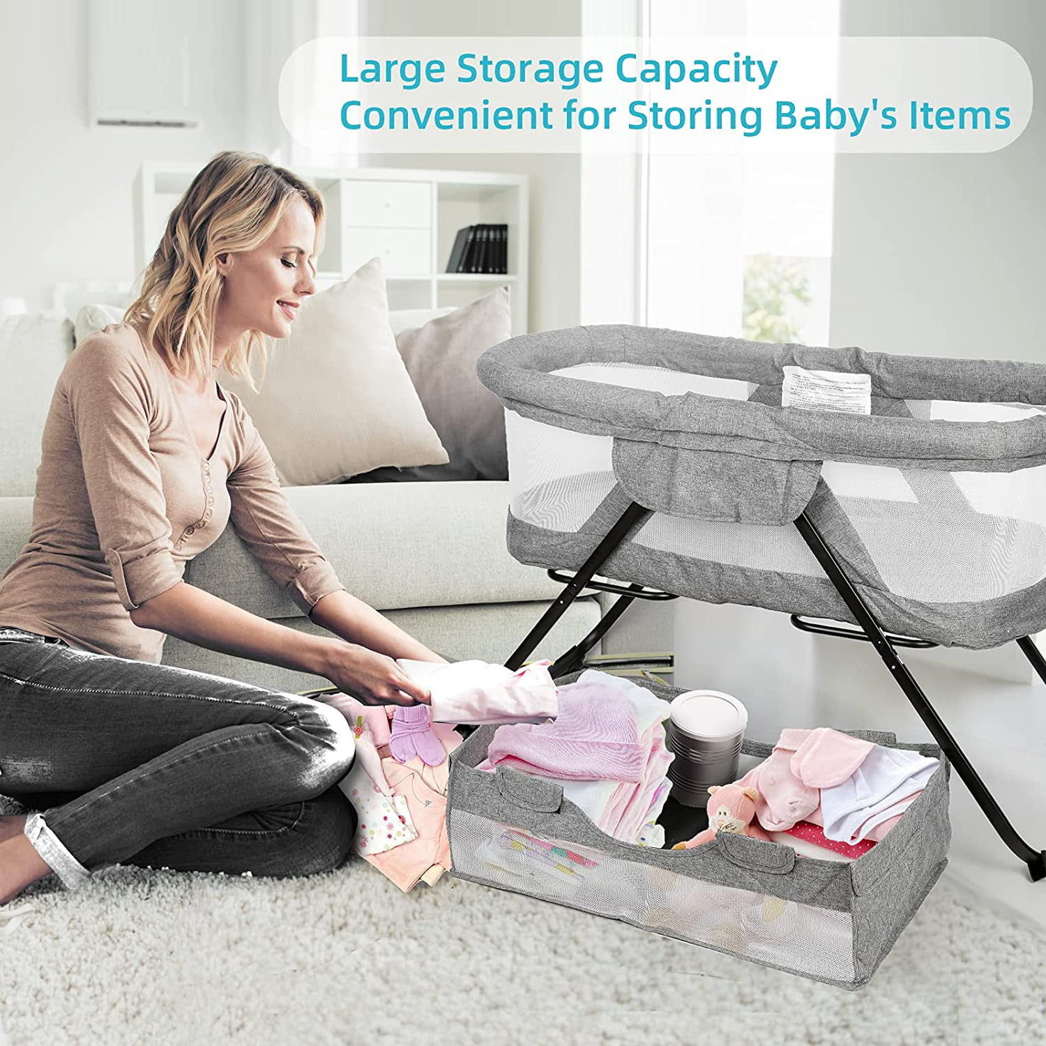 Crzdeal Bassinet 2-in-1 Fold Bassinet for Baby Stationary & Rock Portable Beside Sleeper for 0-6 Month