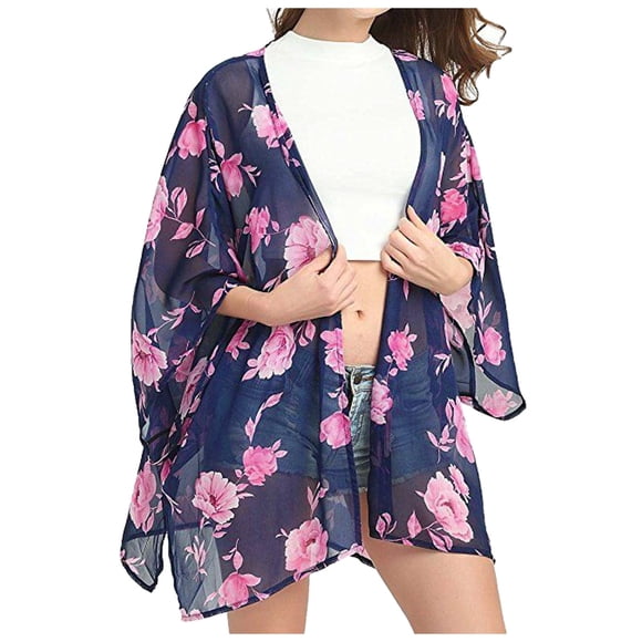 2DXuixsh Chandails pour Femmes Loisirs Imprimé Floral en Chiffon Kimono de Plage Cardigan Blouse Châle Hauts Amples Vêtements Légers Cardigan Ouvert Violet Taille TG