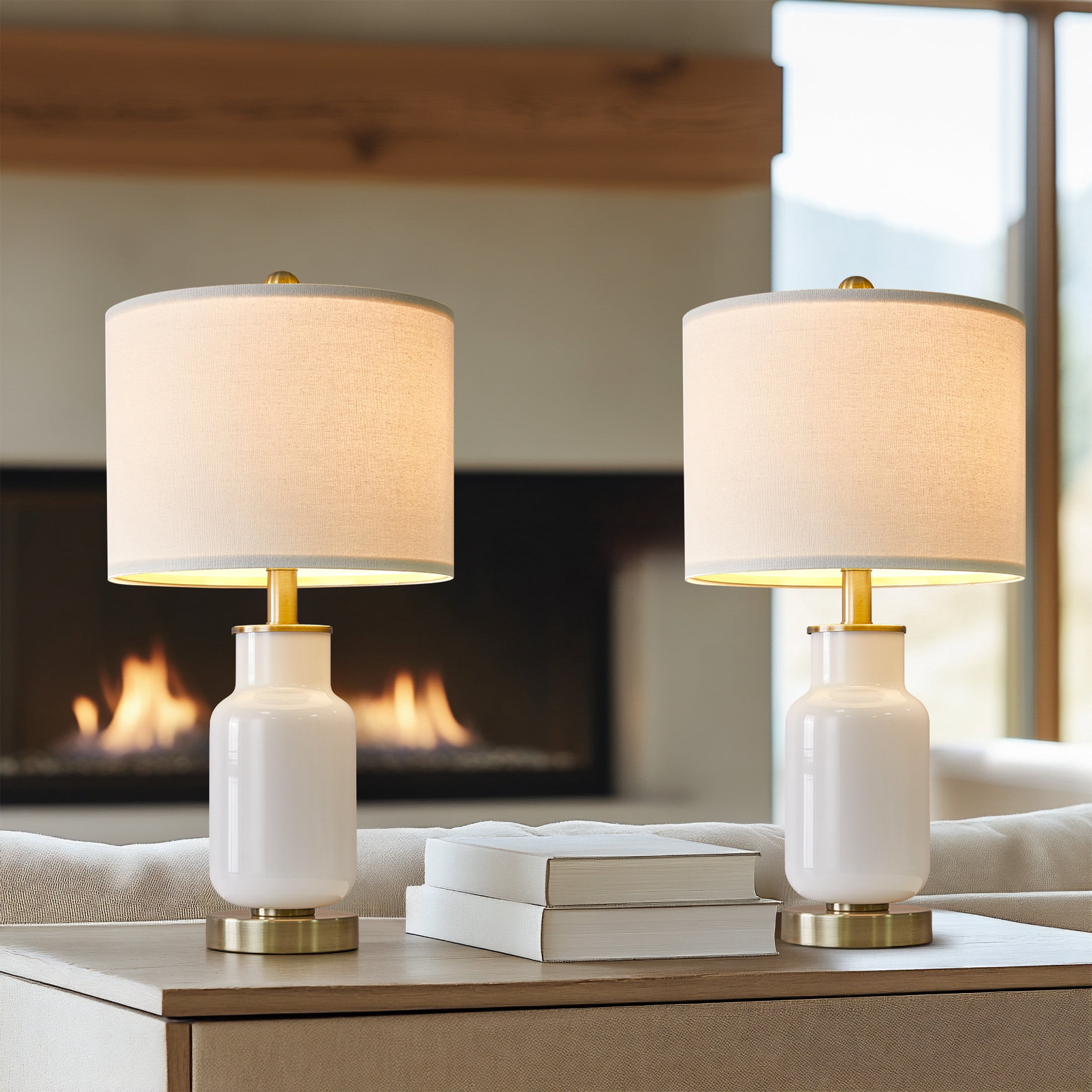 21'' Oneach Modern Table Lamps Set of 2 for Bedroom Desk Lamps for Office Nightstand Bedside Lamps with Milky White Glass Lamp body, Gold, Decor (Bulbs Not Included)