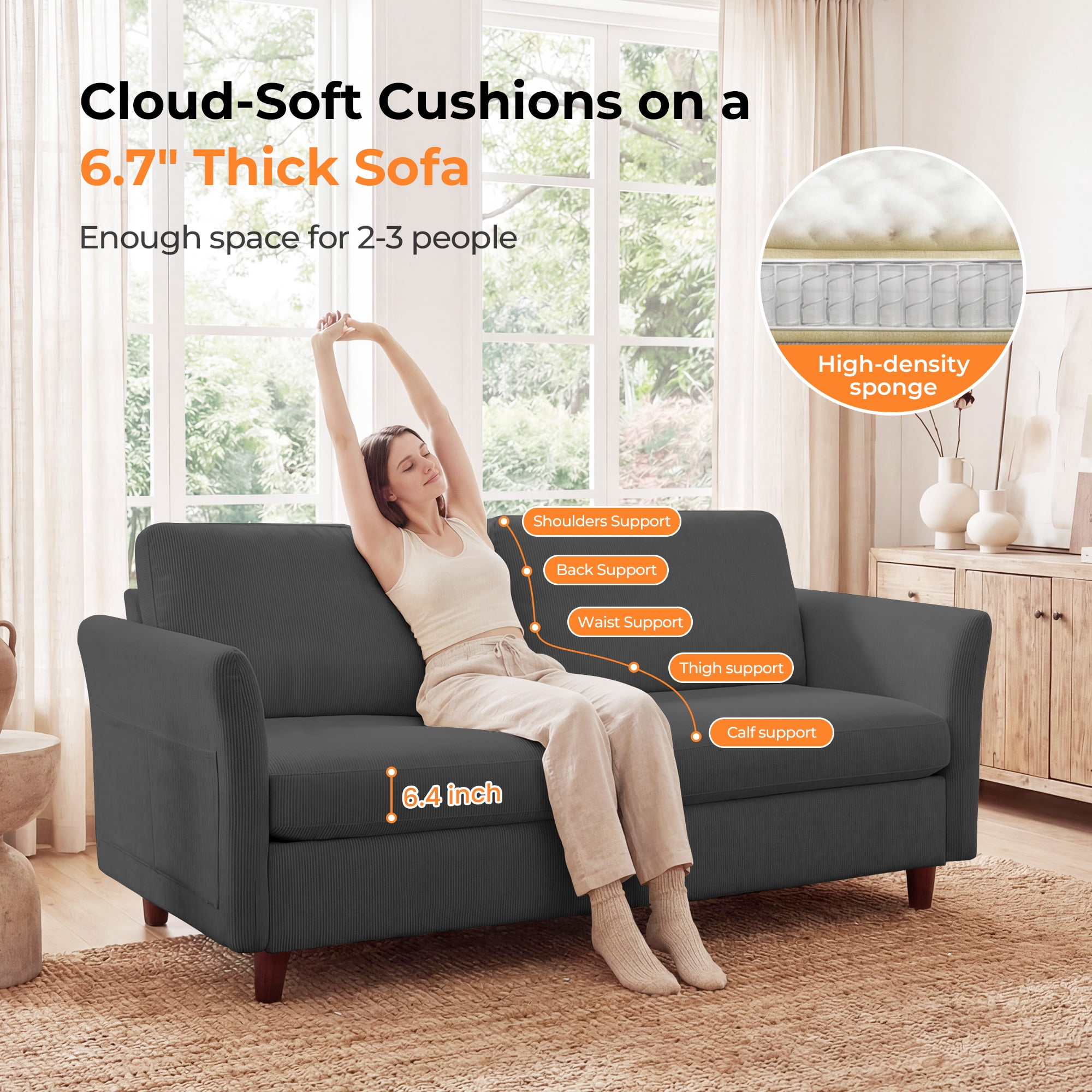 Poshby 79.1'' Comfy Couches Corduroy Sofas Loveseat 3-Seater with Side Pocket for Bedroom, Dark Gray