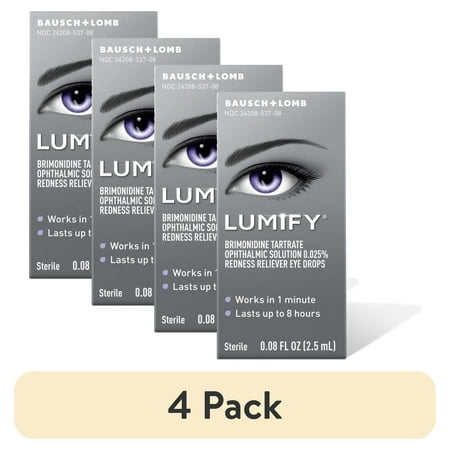 (4 pack) LUMIFY Redness Reliever Eye Drops, Brimonidine Tartrate 0.025%, Works in 1 Minute, Lasts up to 8 Hours, Sterile, 0.08 FL OZ