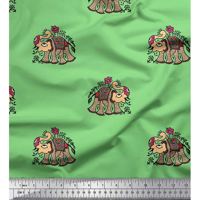 Soimoi Silk Fabric Leaves,Floral & Elephant Block Print Fabric by The Yard 42 Inch Wide