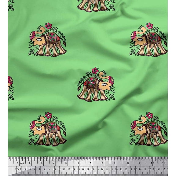 Soimoi Crepe Silk Fabric Leaves,Floral & Elephant Block Print Fabric by The Yard 42 Inch Wide