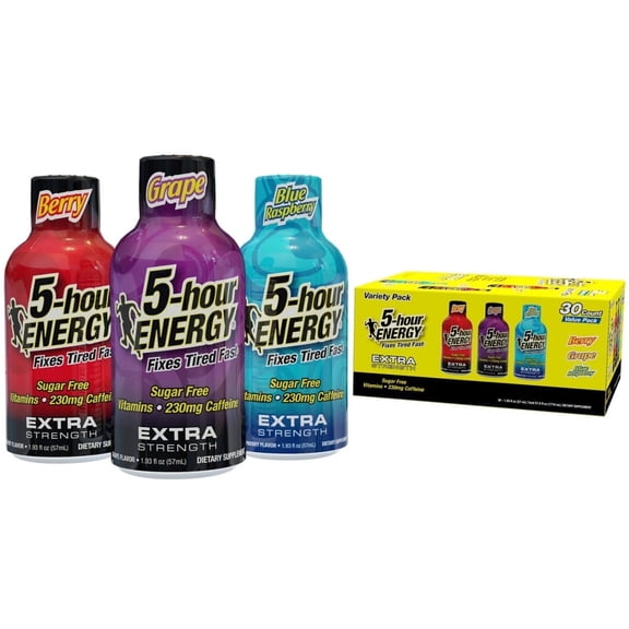 5-Hour Energy Extra Strength Shots Variety Pack, 30 Count (1.93 fl oz) - Berry, Grape, Blue Raspberry