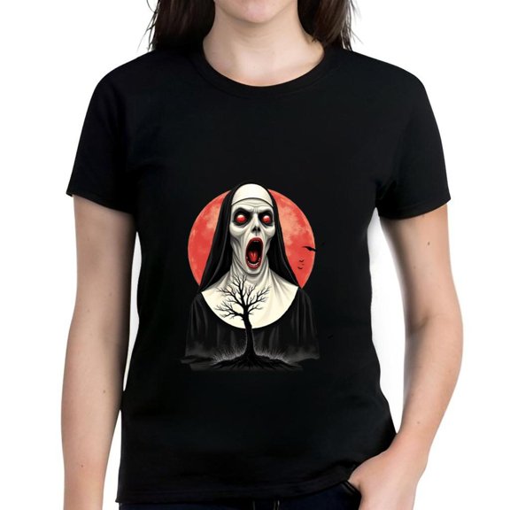Men's Cotton Short Sleeve T-Shirt with Graphic Design of Nun Figure Glowing Red Eyes Barren Tree & Red Moon
