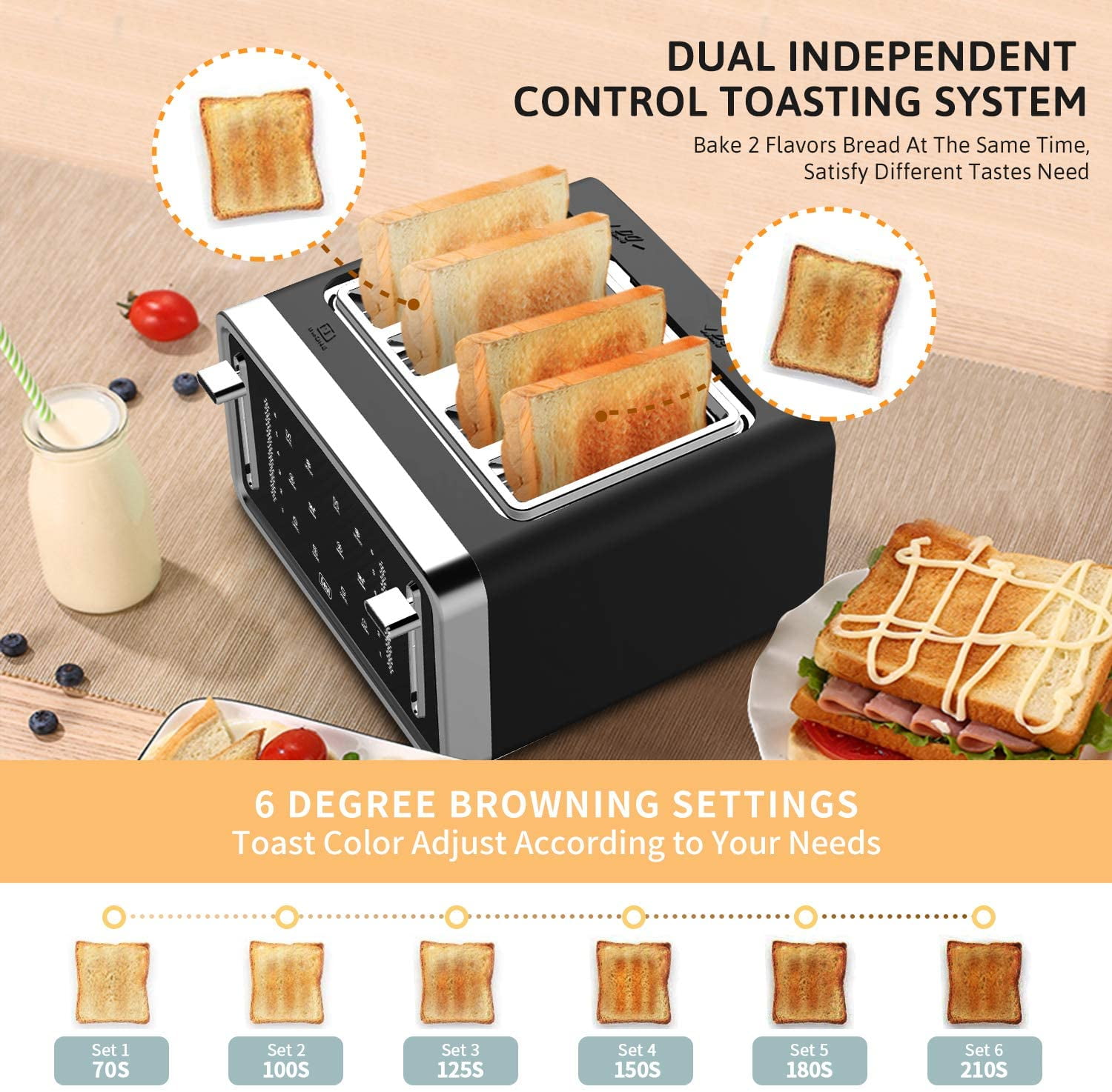 Gevi 4 Slice Toaster LED Digital Touchscreen Extra-Wide Slots Black + Silver