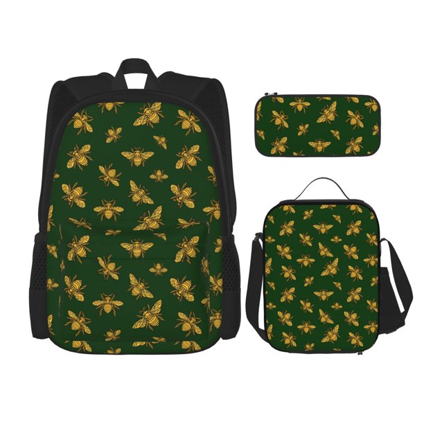 Easygdp Hohey Bee Mochila para Niños y Niñas con Set de Caja de Almuerzo y Estuche para Lápices 3 en 1, Mochila Escolar Estampada para Adolescentes
