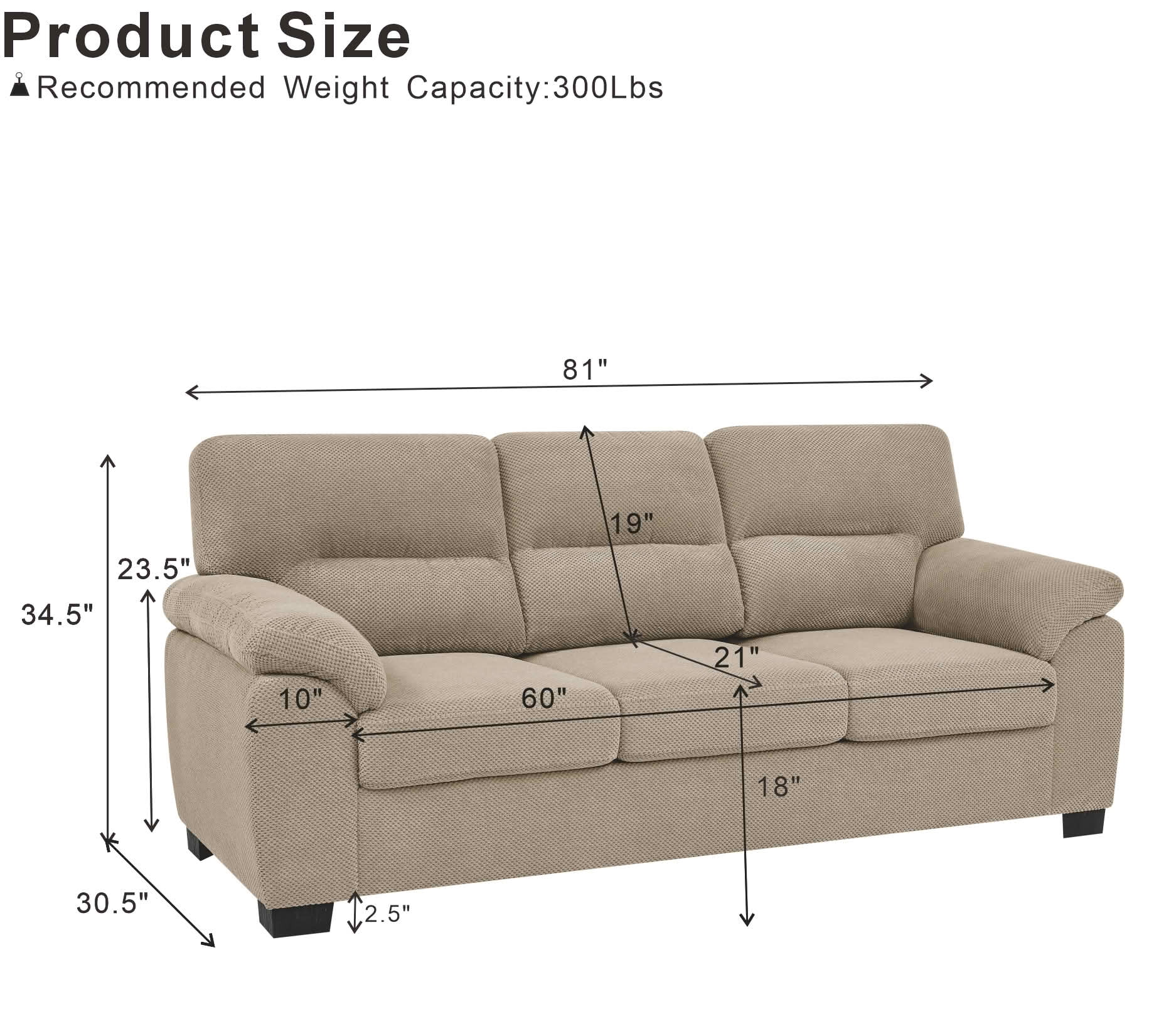 MAYEERTY 81 Inch 3‑Seater Sofa, Modern Textured Fabric Couch with Plush Track Arms & Solid Wood Frame for Living Room