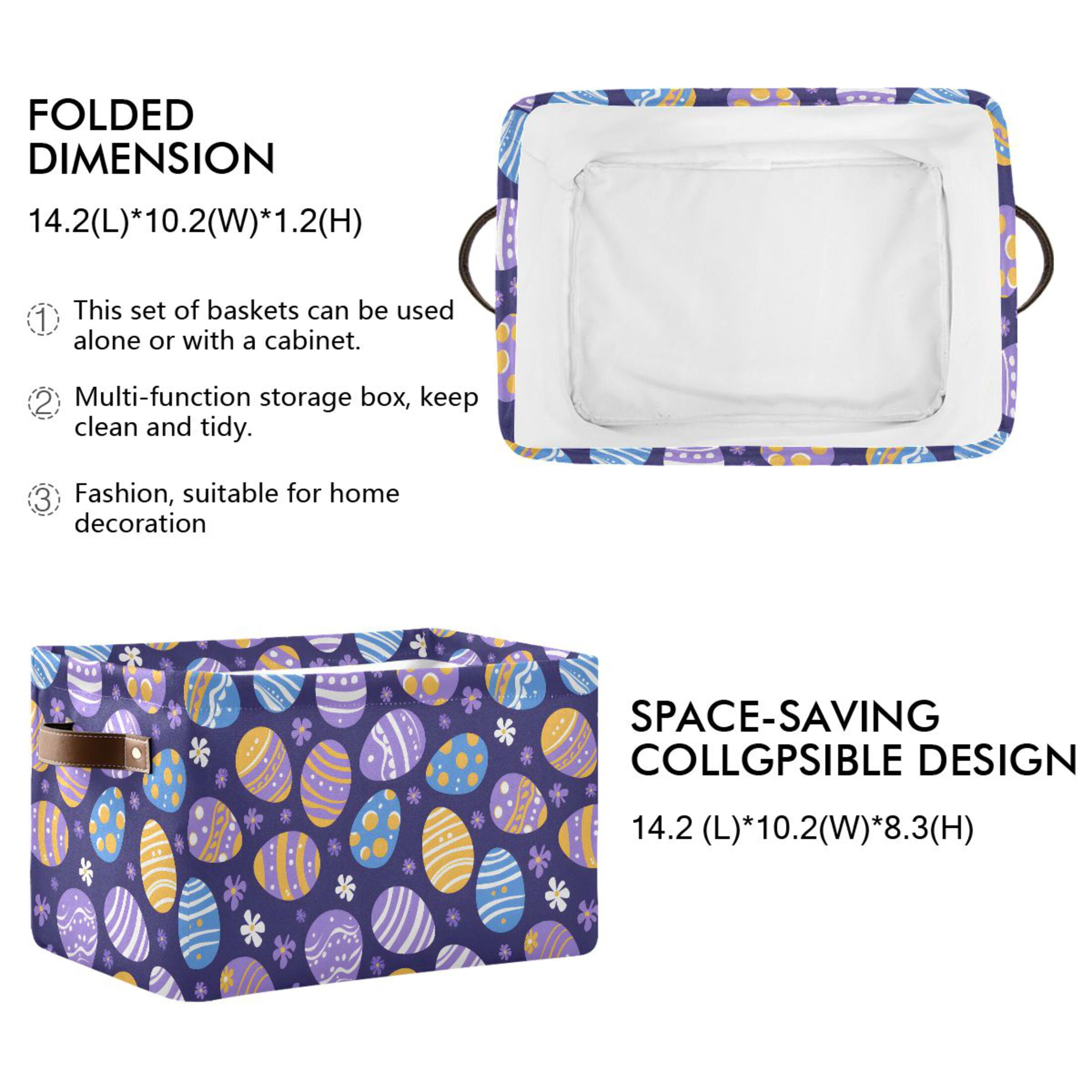 Easter Egg and Snow Storage Bins with Handle Fabric Organizer Basket Foldable Box 2 Pack 14.2x10.2x8.3
