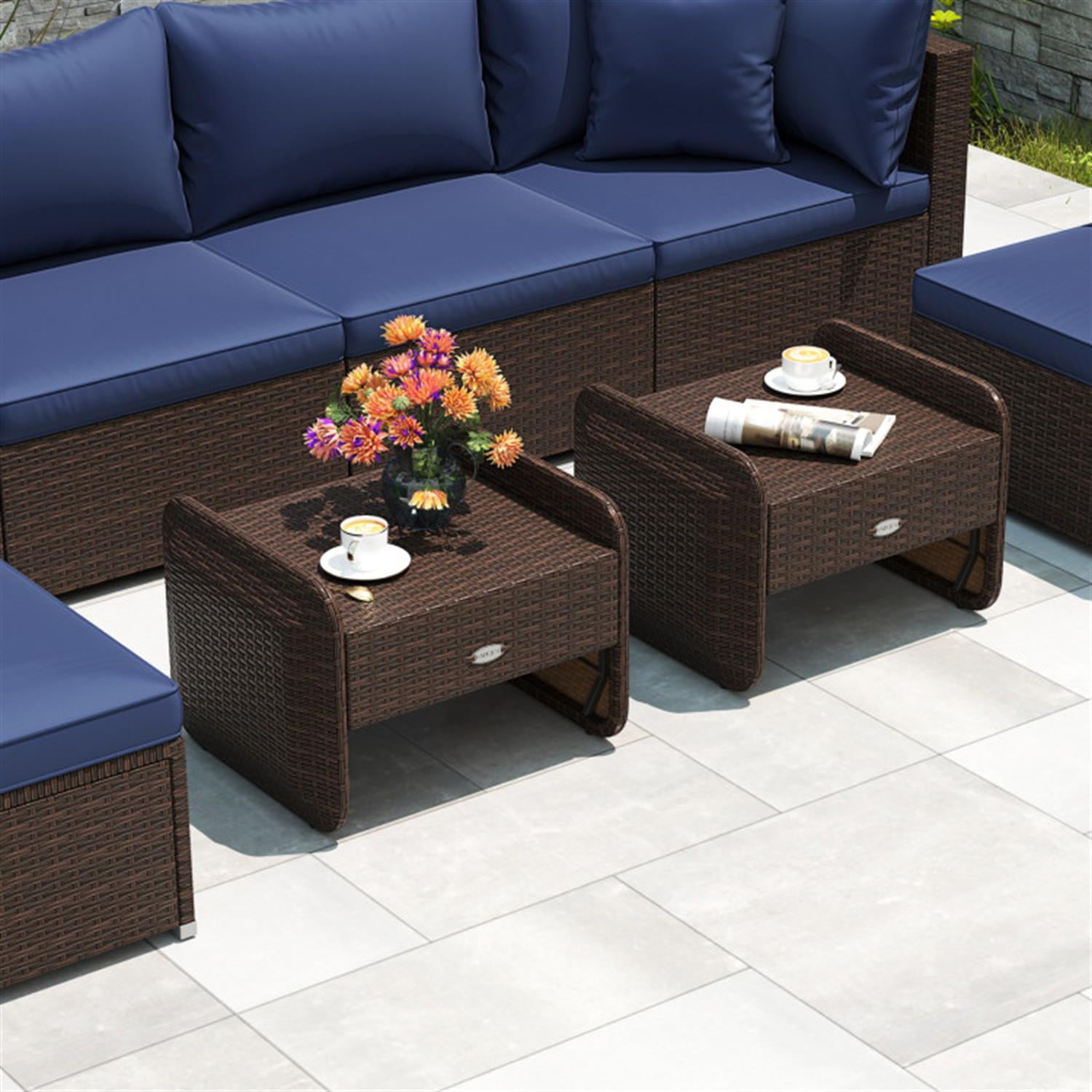Demi Bonn 2 Pieces Outdoor Patio PE Wicker Ottomans with Removable Cushions for Yard, Pool or Backyard, Blue