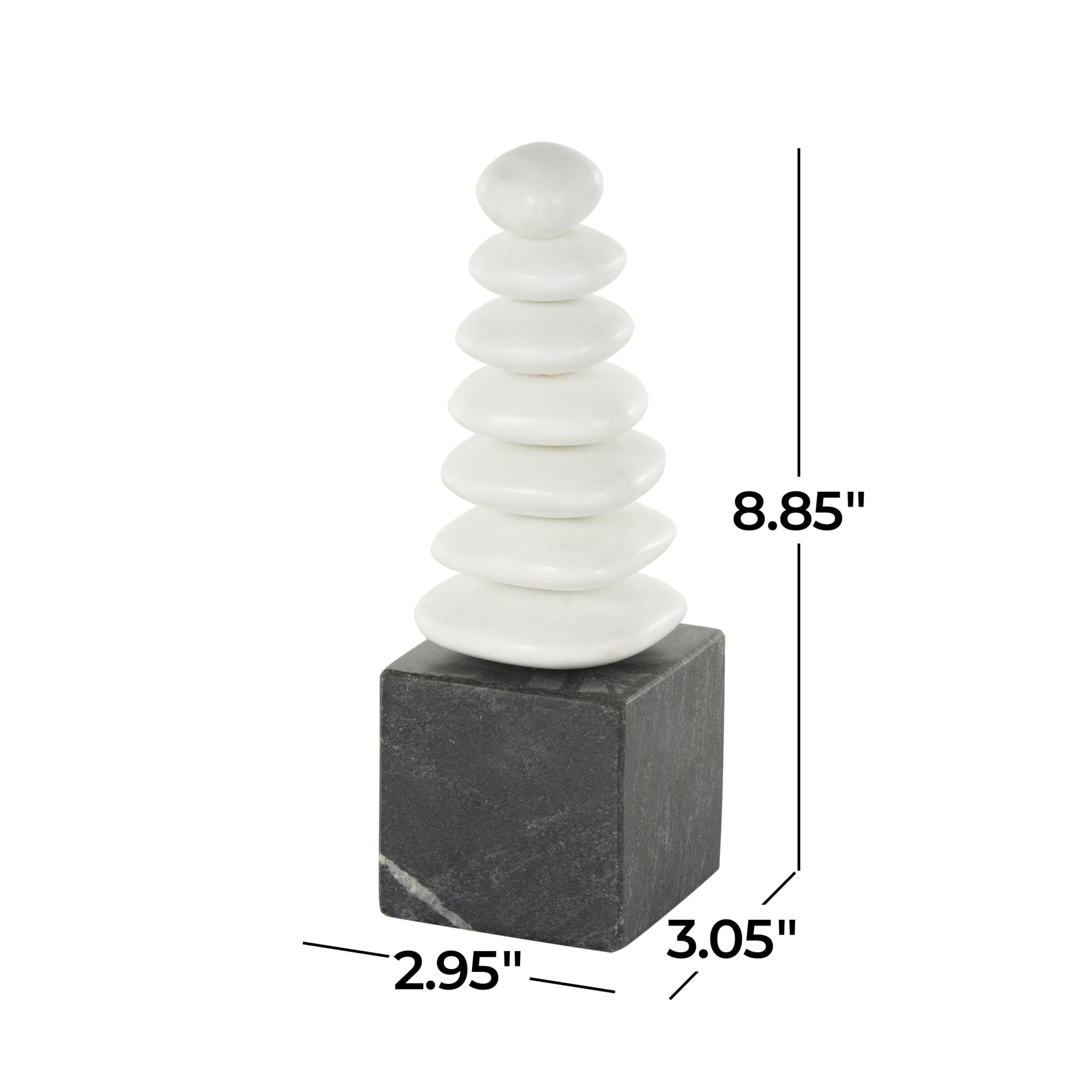 3" x 9" White Marble Stacked Stone Abstract Sculpture with Black Block Base, by DecMode