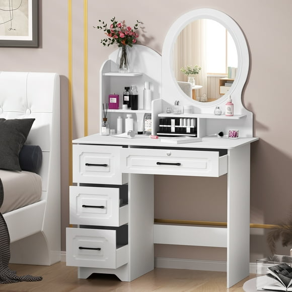 Yedigre Makeup Desk with Mirror, Large Vanity Desk with Storage Shelves, 4 Drawers, Makeup Vanity Table with Light, Bedroom Dressing Table