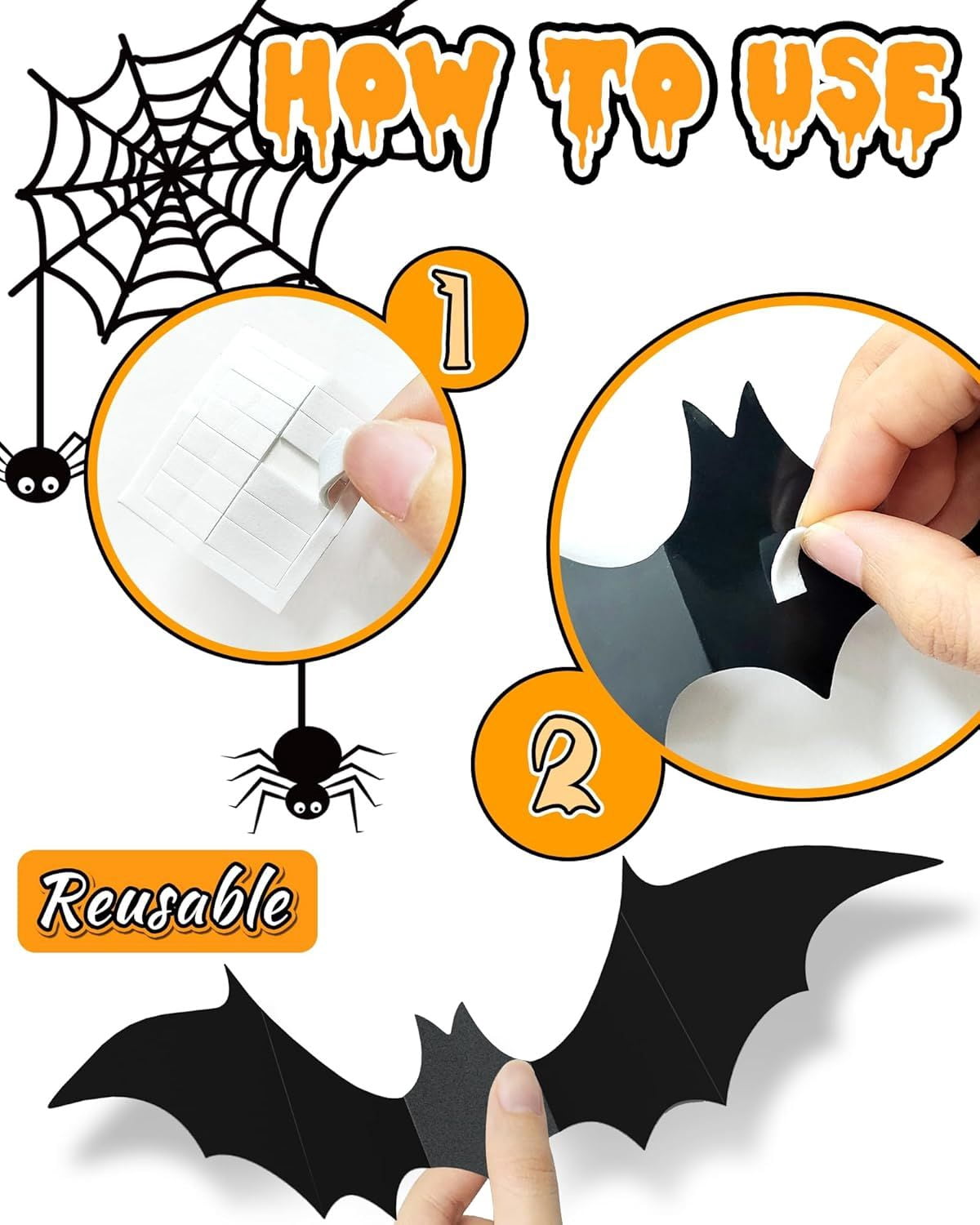 120 PCS 3D Halloween Bat Decorations, 5 Sizes PVC Wall Stickers with Double Sided Adhesive, Waterproof Spooky Bat Decals for Indoor Outdoor Halloween Party Window Door Wall Decor