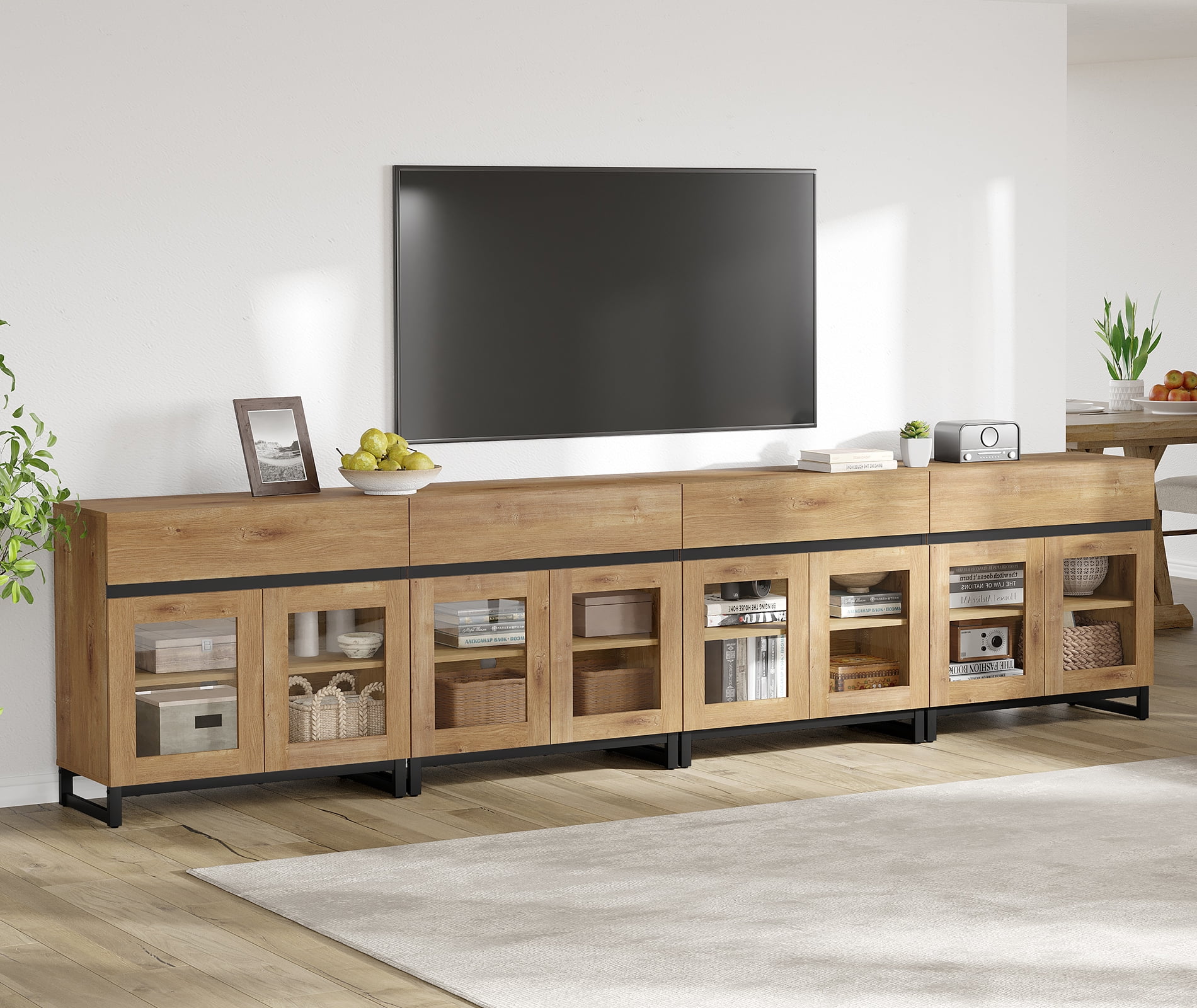 WAMPAT Modern TV Stand with 3 Tiers Bookshelf, Farmhouse Entertainment Center with 4 Drawers and Adjustable Shelf, Wooden Media TV Console with Glass Doors for Living Room, Oak
