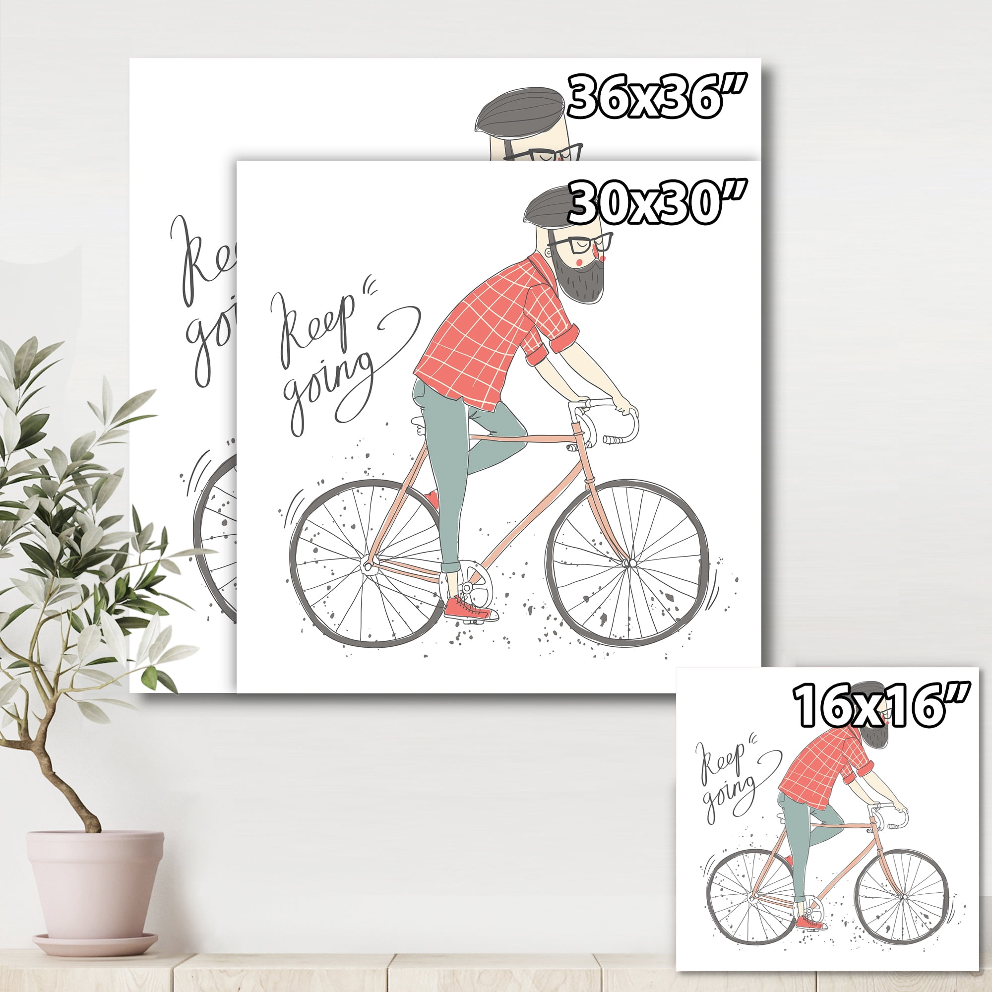 Hipster Man Riding A Bicycle 16 in x 16 in Painting Canvas Art Print, by Designart