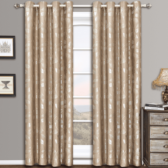 Charlotte Pair (Set of 2) Jacquard Grommet Window Curtain Panels Leafy Pattern Design