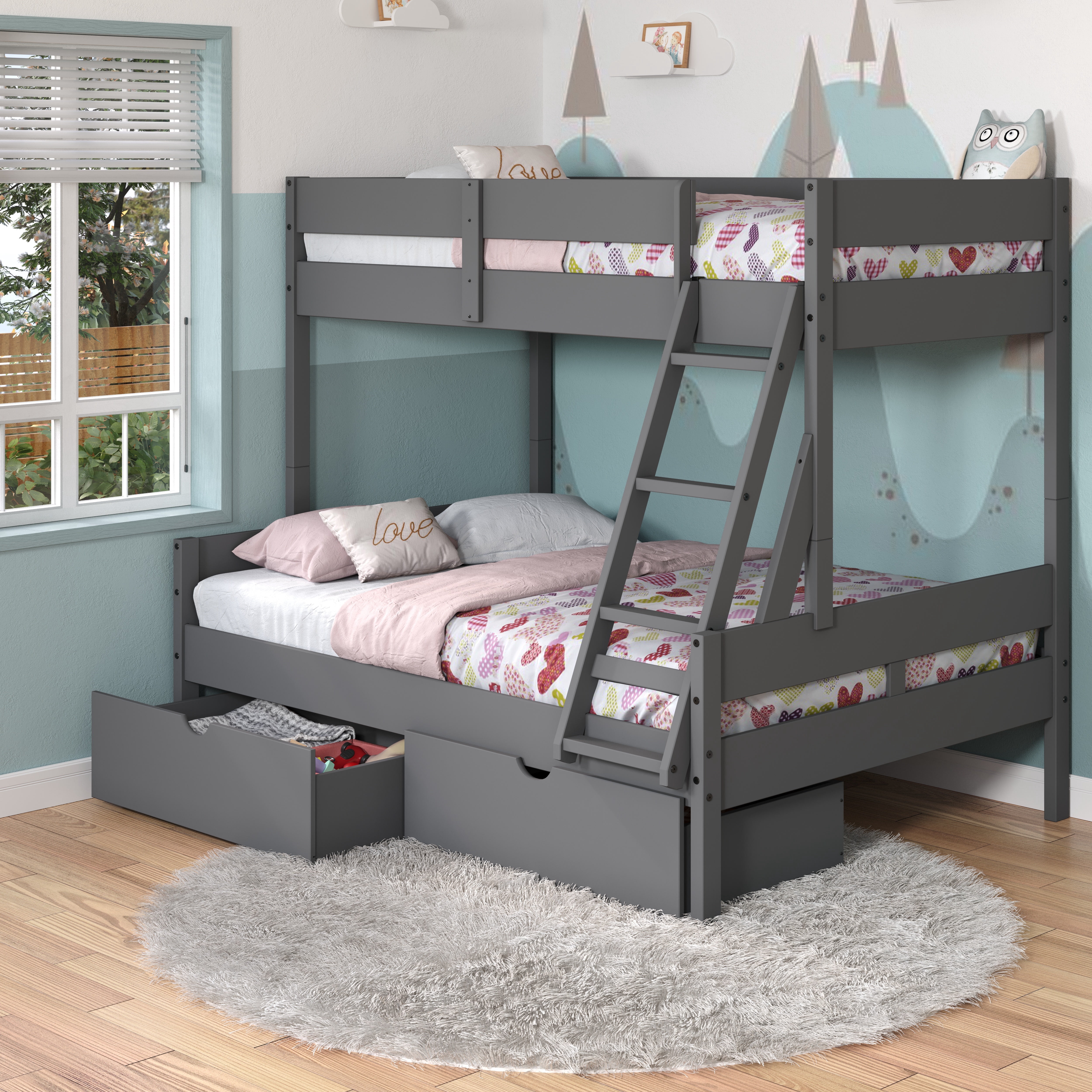 Donco Kids Low Board Panel Twin over Full Bunkbed with Dual Underbed Drawers