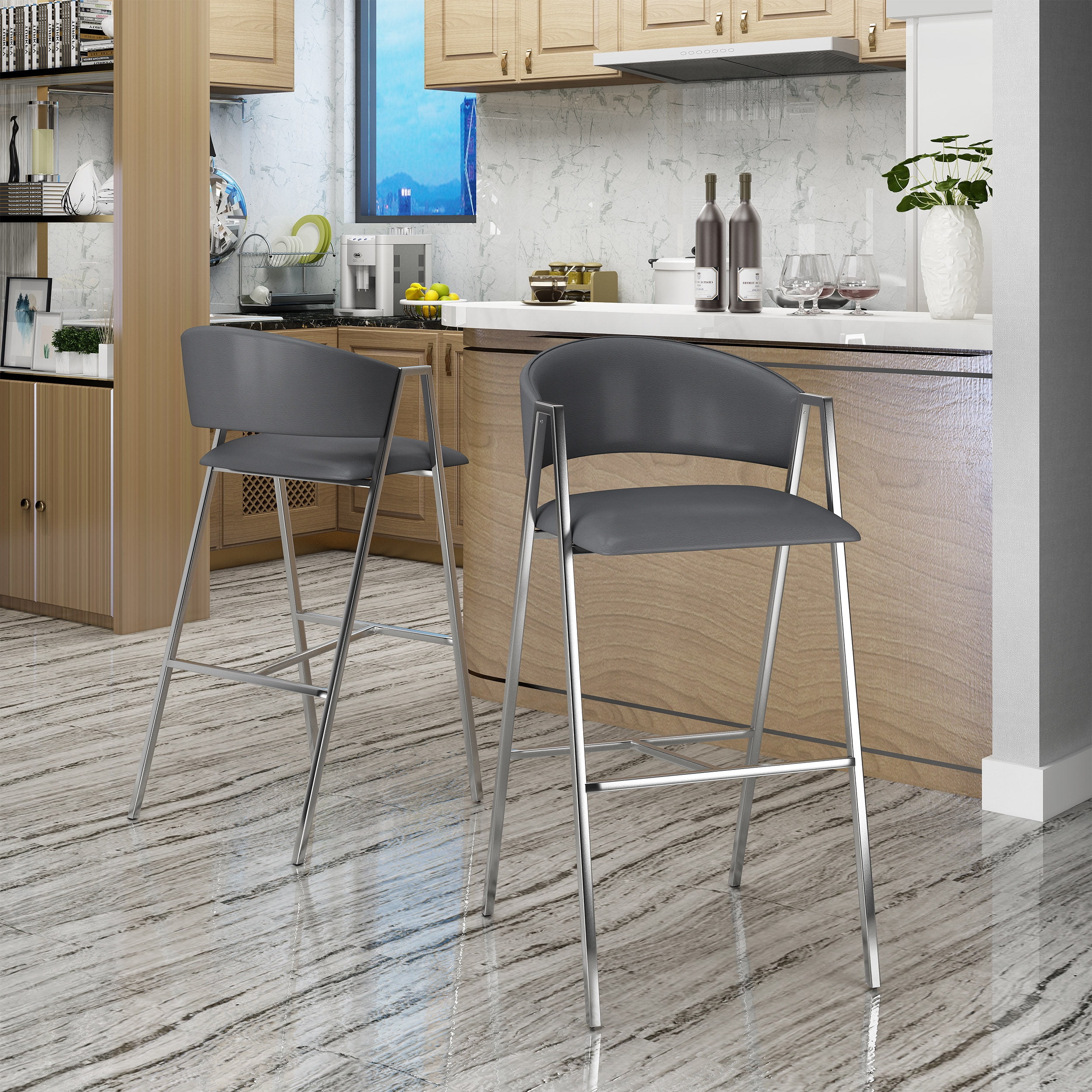 Bar Stools, Modern Barstools Set of 2, PU Leather Upholstered Seat and Backrest with Chrome A-Frame, Counter Height Stools for Dining Room, Kitchen, or Home Bar in Grey
