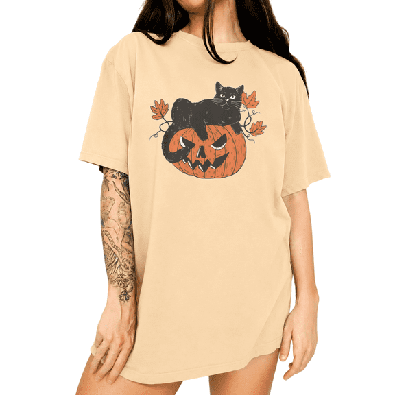UNISHE Black Cat Pumpkin Graphic Tee Women's Halloween Short Sleeve T-Shirt