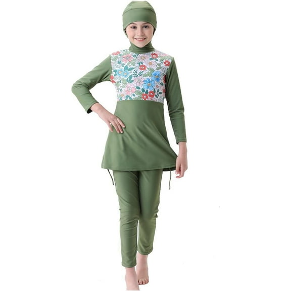 【Uhome】1-12 Years Girls Muslimah Swimsuit for Kids Swimwear suit Burkini Full Cover Hijab Top Pants Swim Costume Bathing Suit with Cap