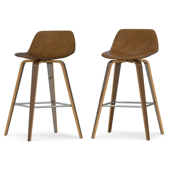 Simpli Home Randolph Mid Century Modern 28 inch Bentwood Counter/ Bar Height Stool (Set of 2) in Deep Tan Vegan Faux Leather