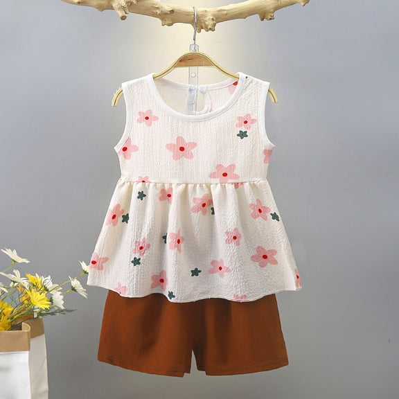 Pretxorve Kids Girls Casual Outfit Set Summer Print Short Sleeve Top with Elastic Shorts 2 Piece Outfits 0-8Y