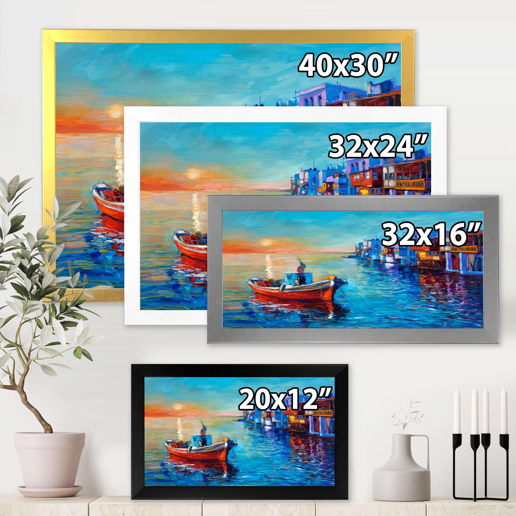 Designart 'Boats Near Coastal Town Resting On The Water I' Nautical & Coastal Framed Art Print