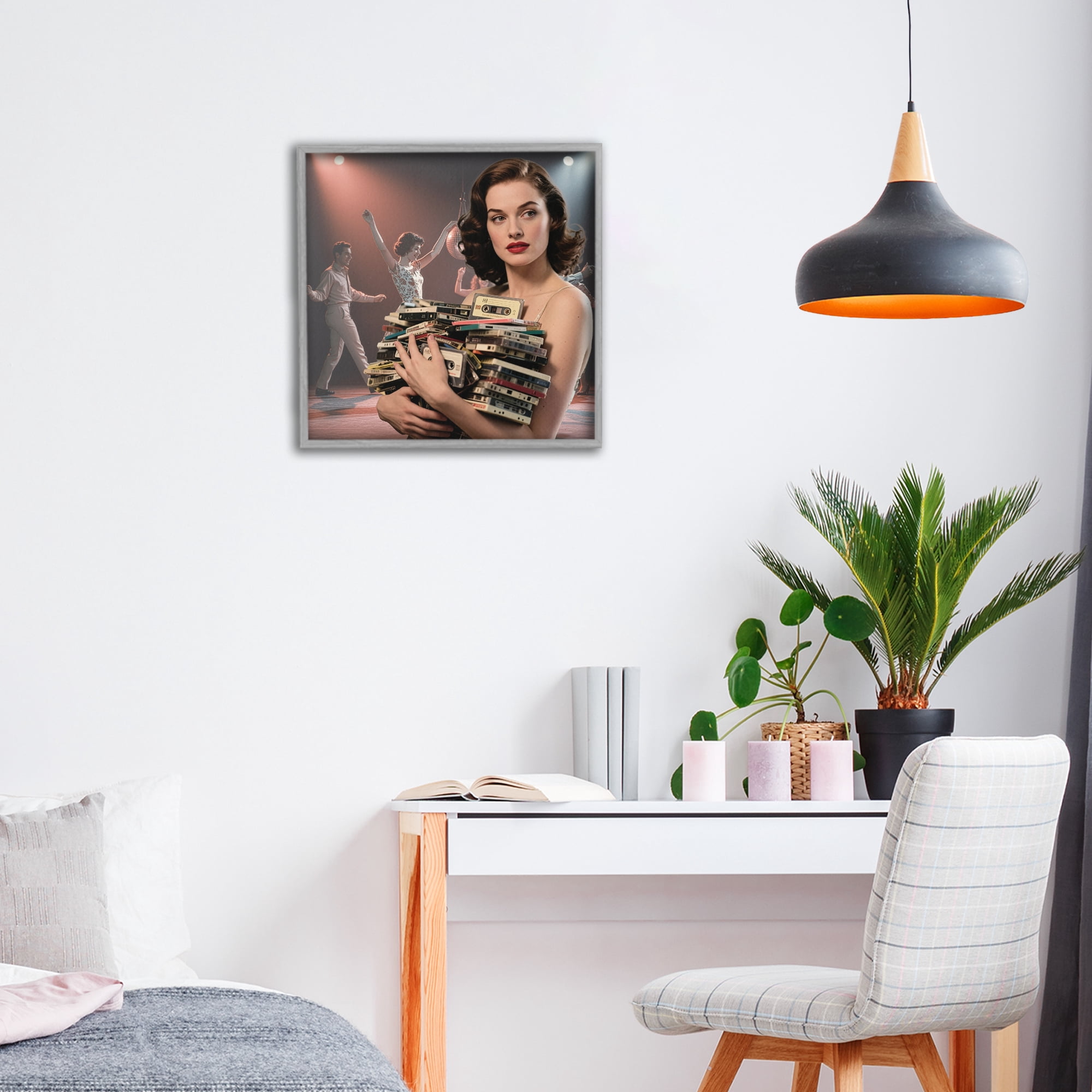 Stupell Industries Woman Holding Vintage Cassette Collection Gray Framed Giclee Art, design by CAD Designs