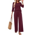 thumbnail image 2 of Stralyhd Lounge Sets for Women Summer 2 Piece Outfits 3/4 Length Sleeve Crew Neck Top Matching Wide Leg Pants Cozy Loungewear Loose Fashion Clothing Vacation Wear Wine L, 2 of 6