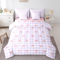 Homewish Dreamy Kawaii Ribbon Bedding Comforter Set 7 Pieces, Purple Checkered Buffalo Full Bedding Set, Teens Kids Girls Reversible Fitted Sheet Flat Sheet, Super Cozy Room Decor