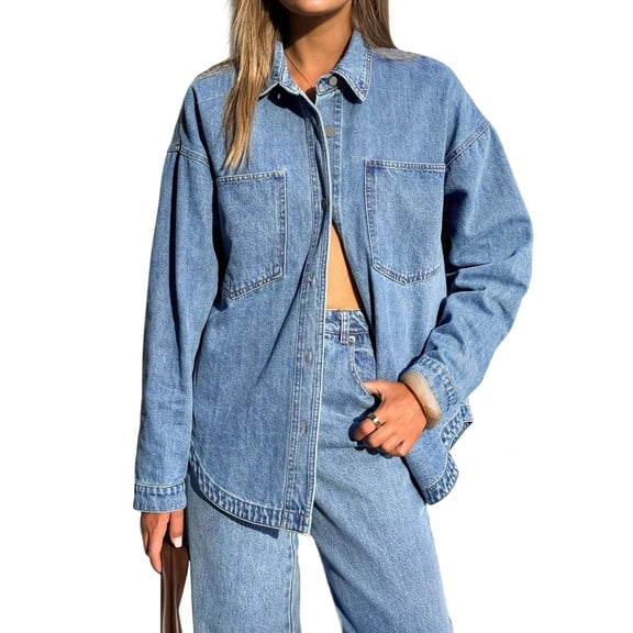 EMMIOL Women's Y2K Oversized Denim Shirt Jacket Long Sleeve Button Down Distressed Jean Blouse 2026 Fall Trendy Casual Denim Top