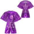 thumbnail image 4 of iefiel Girls Sequins Jumpsuits Sparkly Rompers V Neck Cap Sleeve Pageant Party Disco Dance Outfits Purple 16, 4 of 5