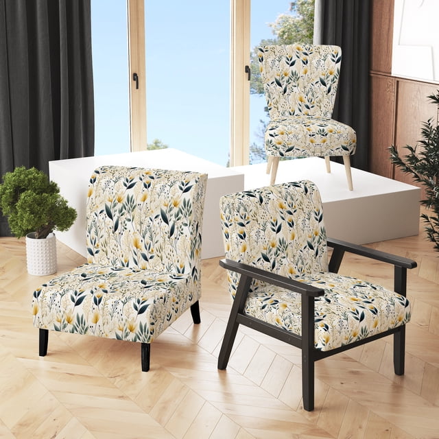 Designart "Flora With An Earthy Touch" Yellow Plants Upholstered Accent Chair - Bohemian & Eclectic Arm Chair For Bedroom