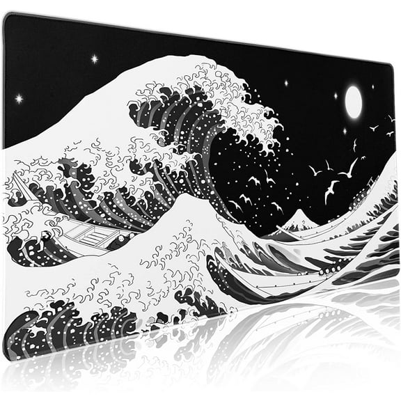 Japanese Wave Mouse Pad Black White Sea Aesthetic Moon Extended Desk Mat Non-Slip Rubber Base with Stitched Edge Large Playmat for Gaming Laptop Computer,35.4×15.7 in